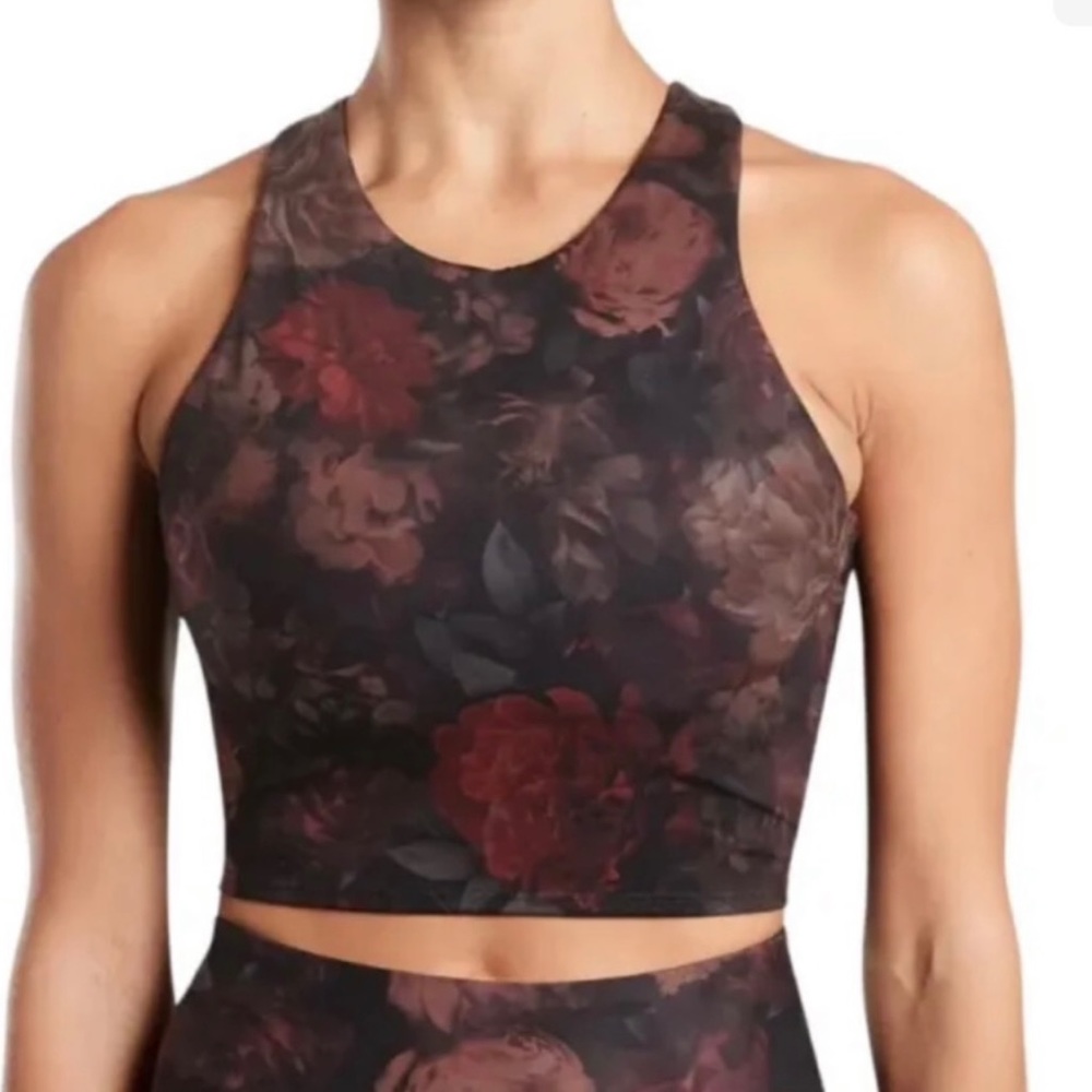 Floral High-Neck Crop Tank Top - Black & Burgundy